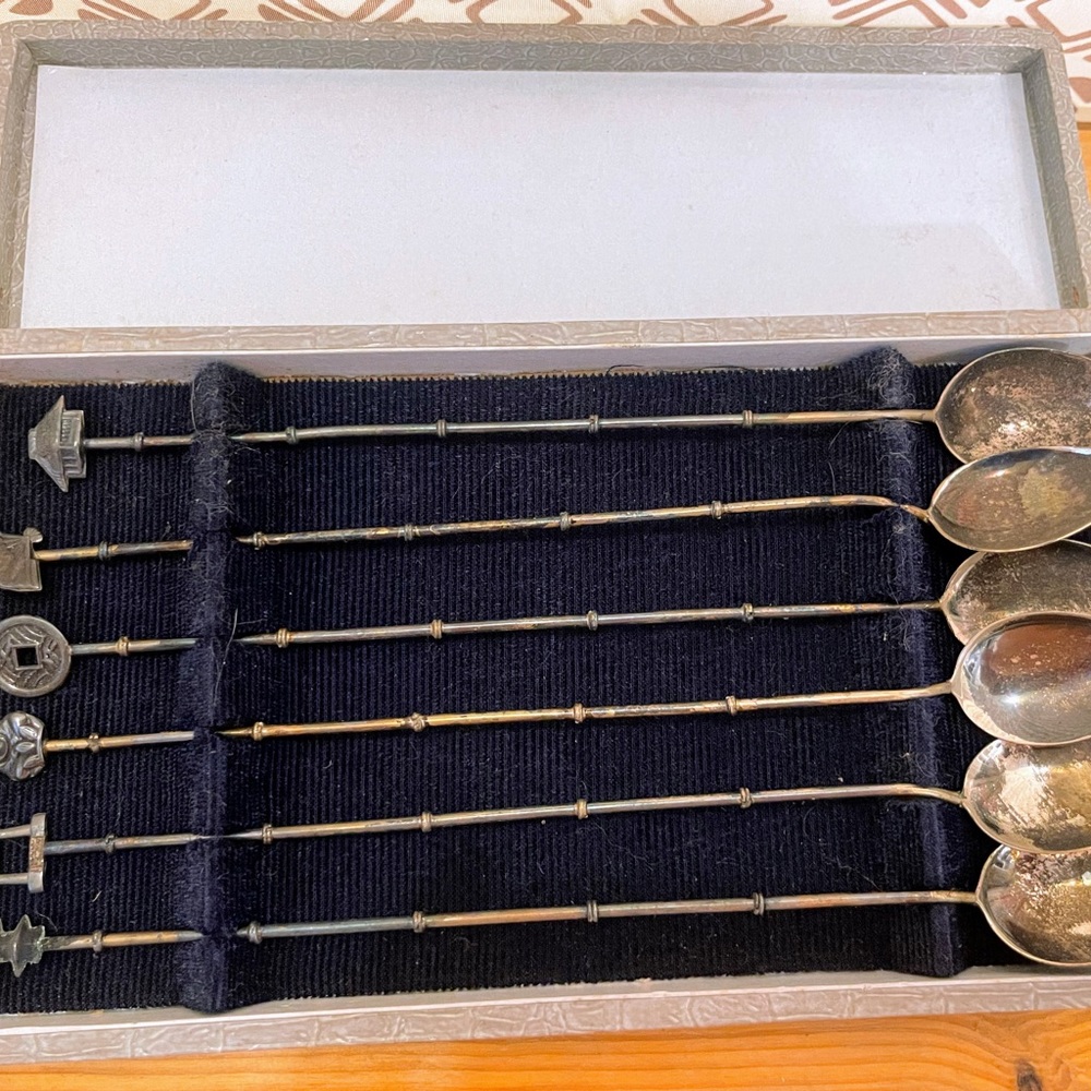 Vintage set of 6 sterling silver 950 iced tea - cocktail julep bamboo spoons 8”